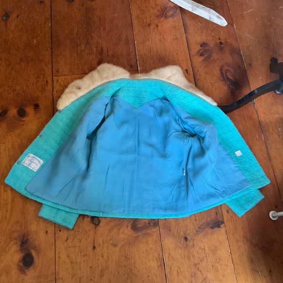 Vintage loomed lambswool suit jacket with mink collar in turquoise - Picture 7 of 14